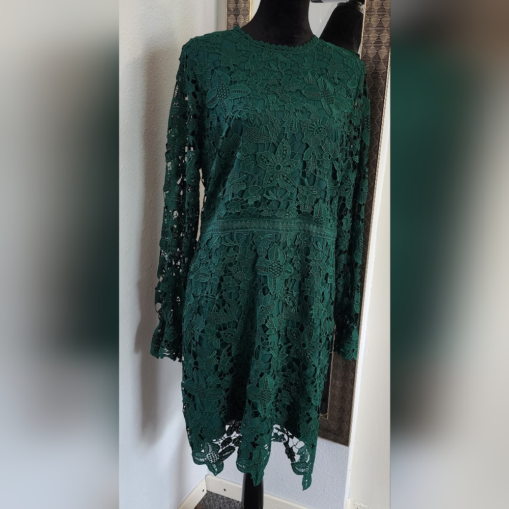White House Black Market Green Lace Dress with Crew Neck